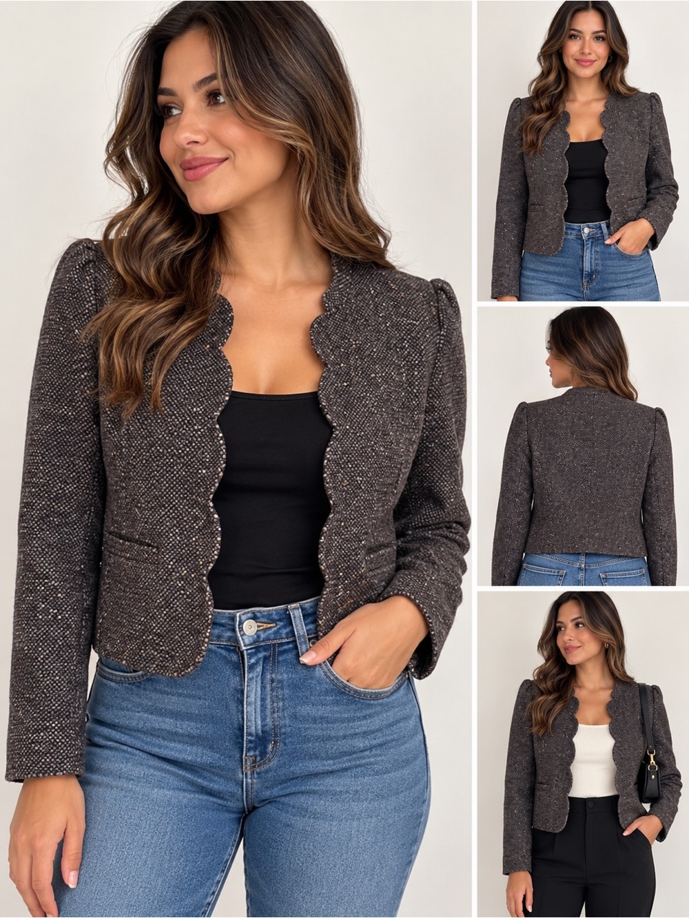 Women's Scallop-Edge Tweed Jacket - Brown
